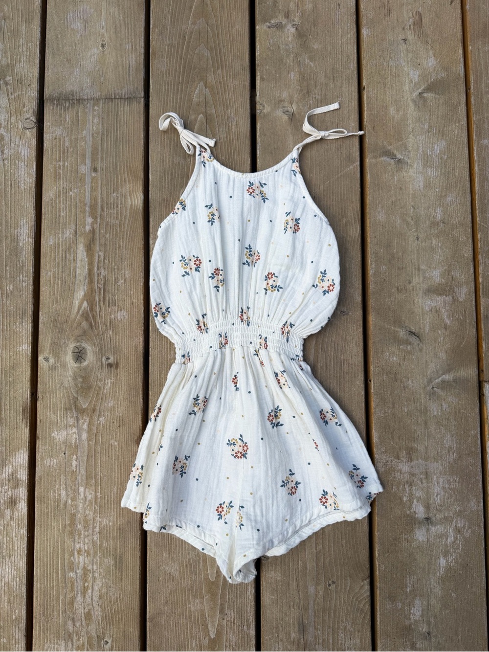 LiiLU Girls White Floral Tie-Shoulder Romper with Smocked Waist